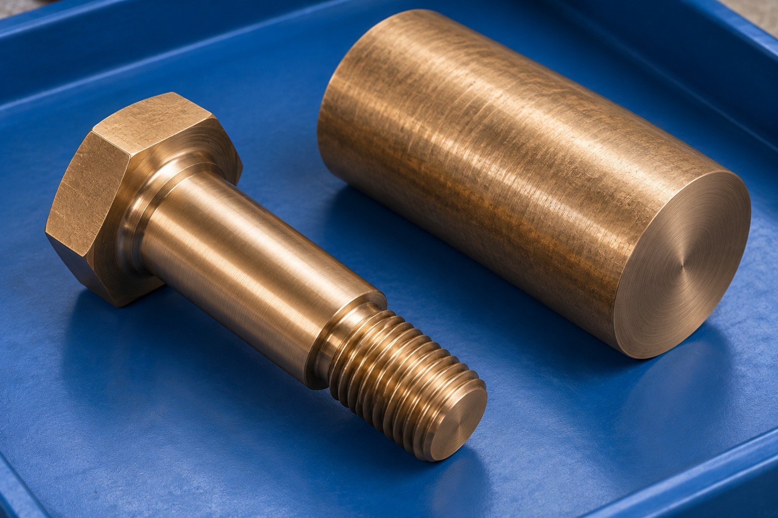 Silicon-bronze shouldered bolt and separate stock blank — illustrative generated component concept