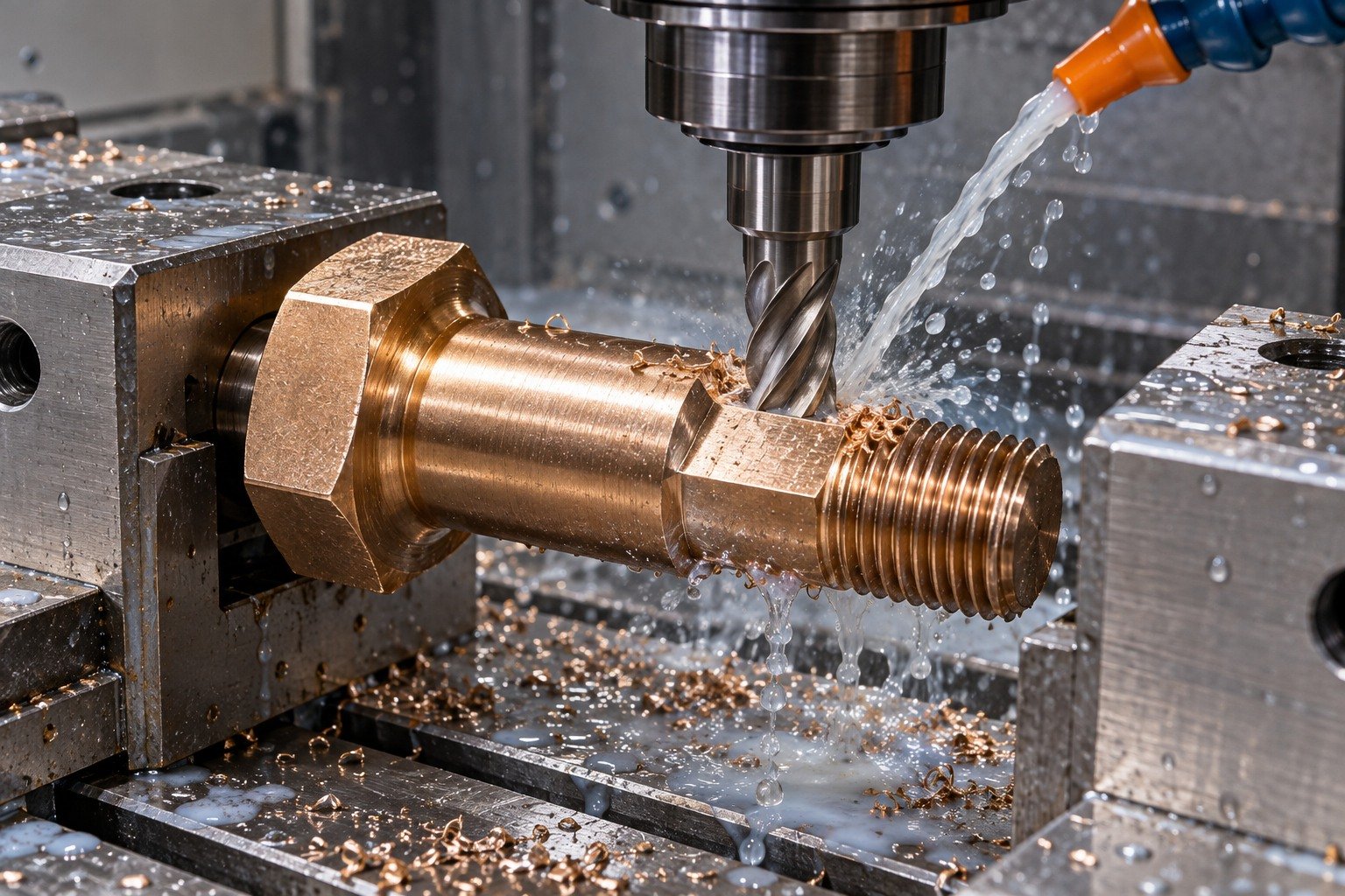 Supported machining of silicon-bronze shouldered bolt — illustrative generated component concept
