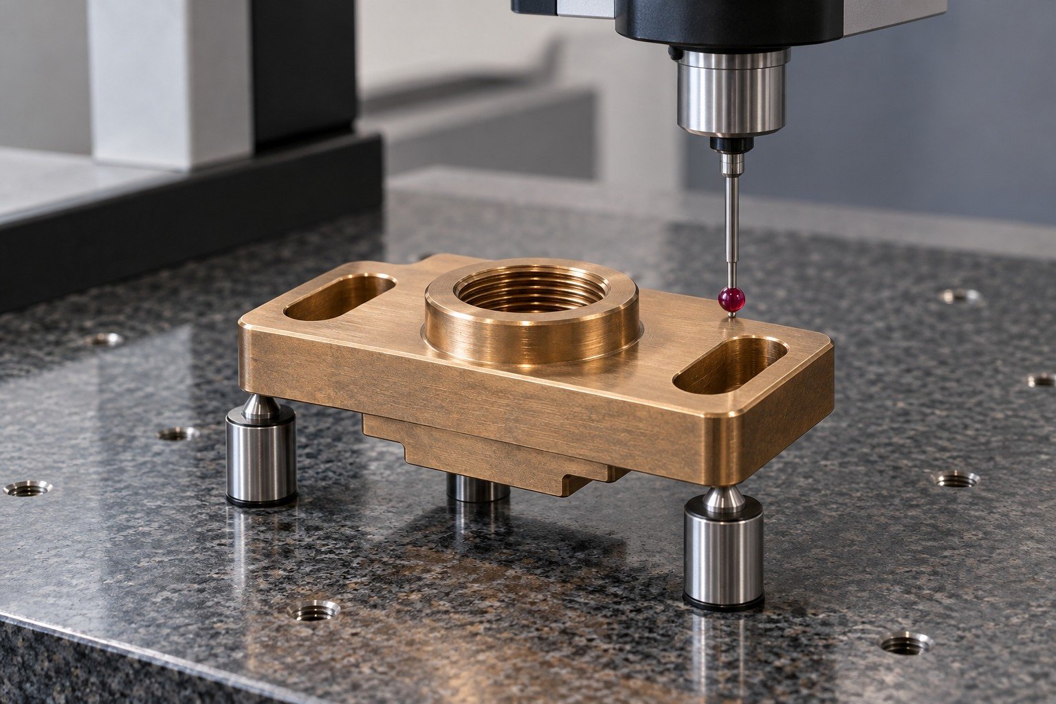Exterior datum inspection of silicon-bronze slotted mounting boss — illustrative generated component concept
