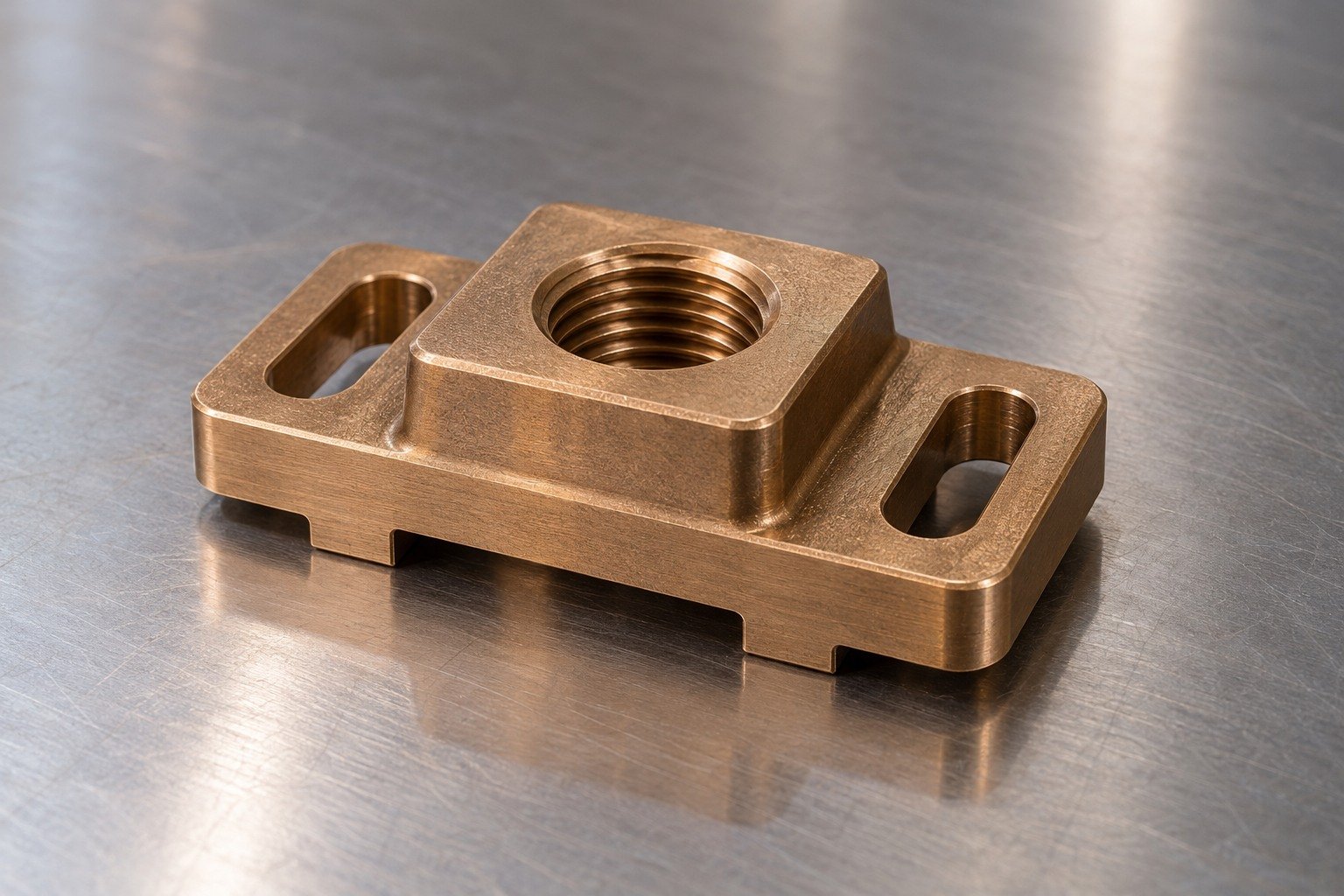 Silicon-bronze slotted mounting boss concept — illustrative generated component concept