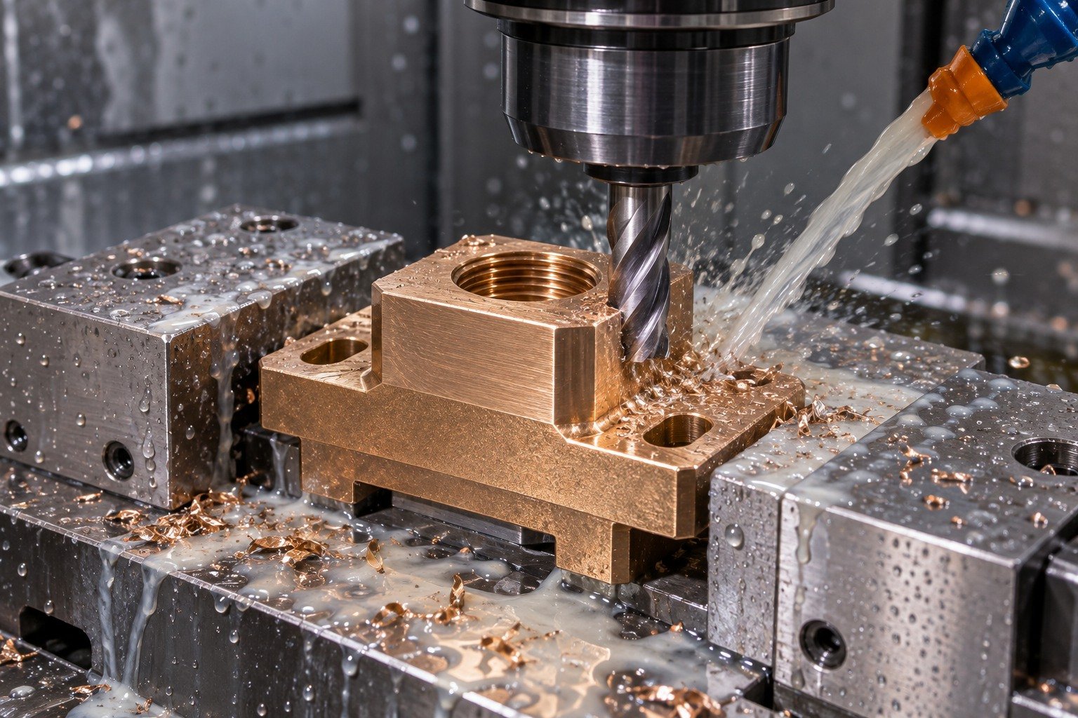Supported machining of silicon-bronze slotted mounting boss — illustrative generated component concept