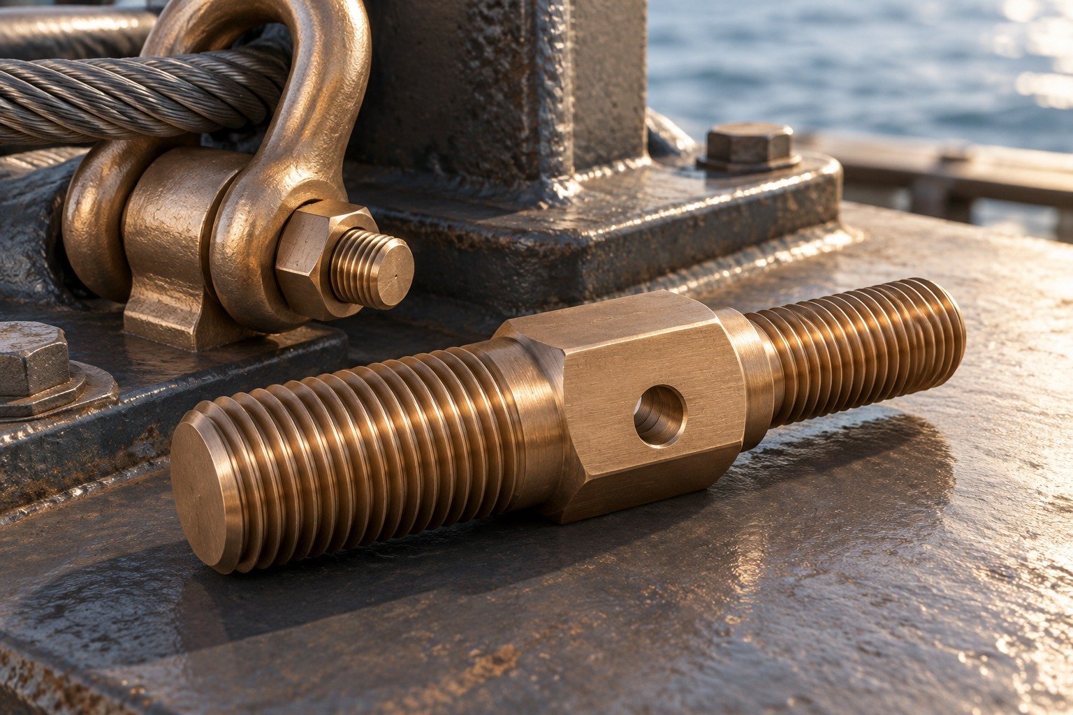Silicon-bronze stud cross-hole and thread-end detail — illustrative generated component concept