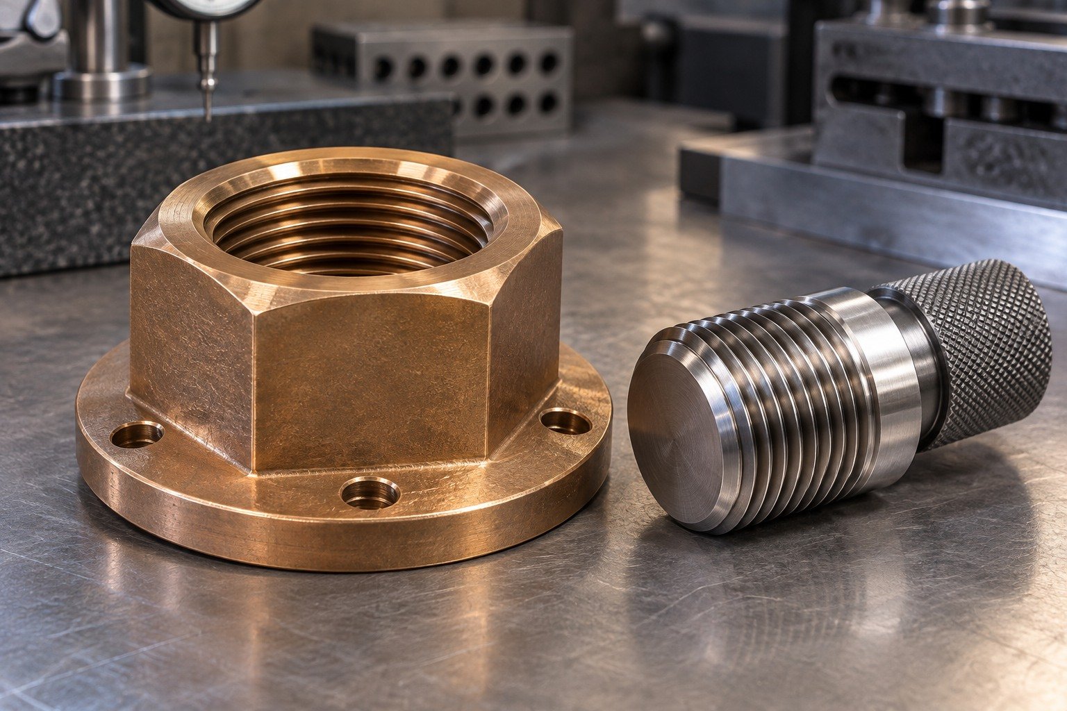 Silicon-bronze nut and separate thread-gauge access concept — illustrative generated component concept