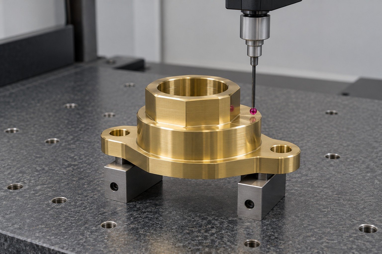 Final shoulder and mounting-datum inspection of a brass adapter — illustrative generated component concept