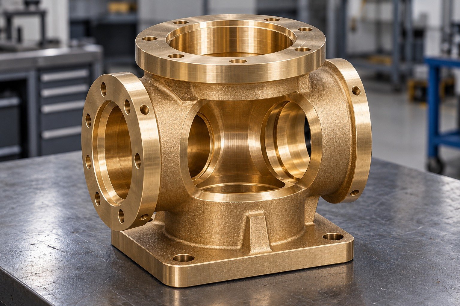 Cross-port and internal-edge access in a brass valve block — illustrative generated component concept