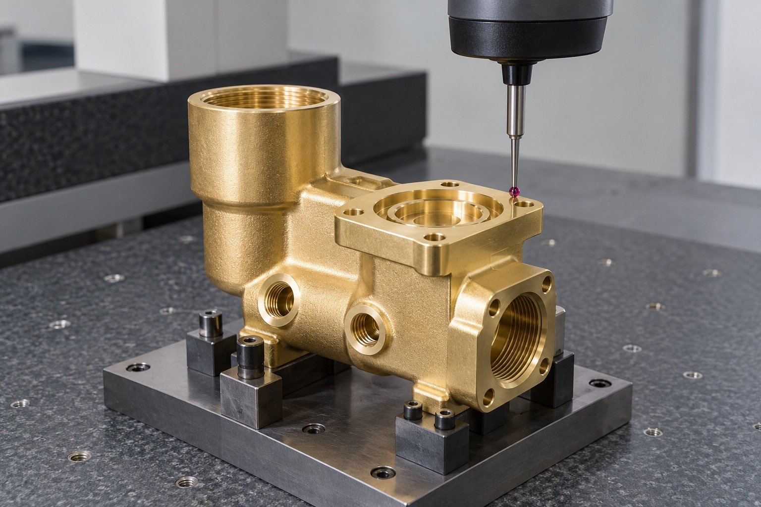 First-sample dimensional check of a brass valve manifold — illustrative generated component concept