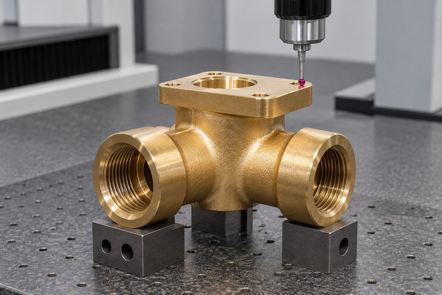 Datum inspection of a silicon-brass forged tee body — illustrative generated component concept