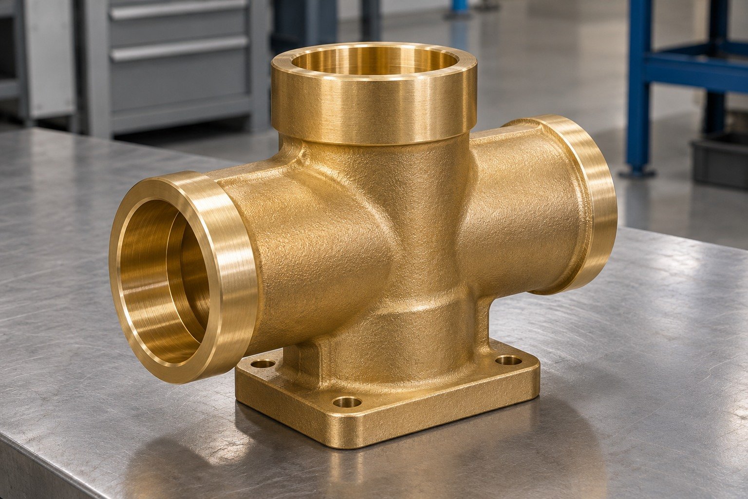 Warm golden silicon-brass forged-style tee valve body with smooth curved outer transitions, three open perpendicular machined ports and a thick rectangular mounting pad — illustrative generated component concept