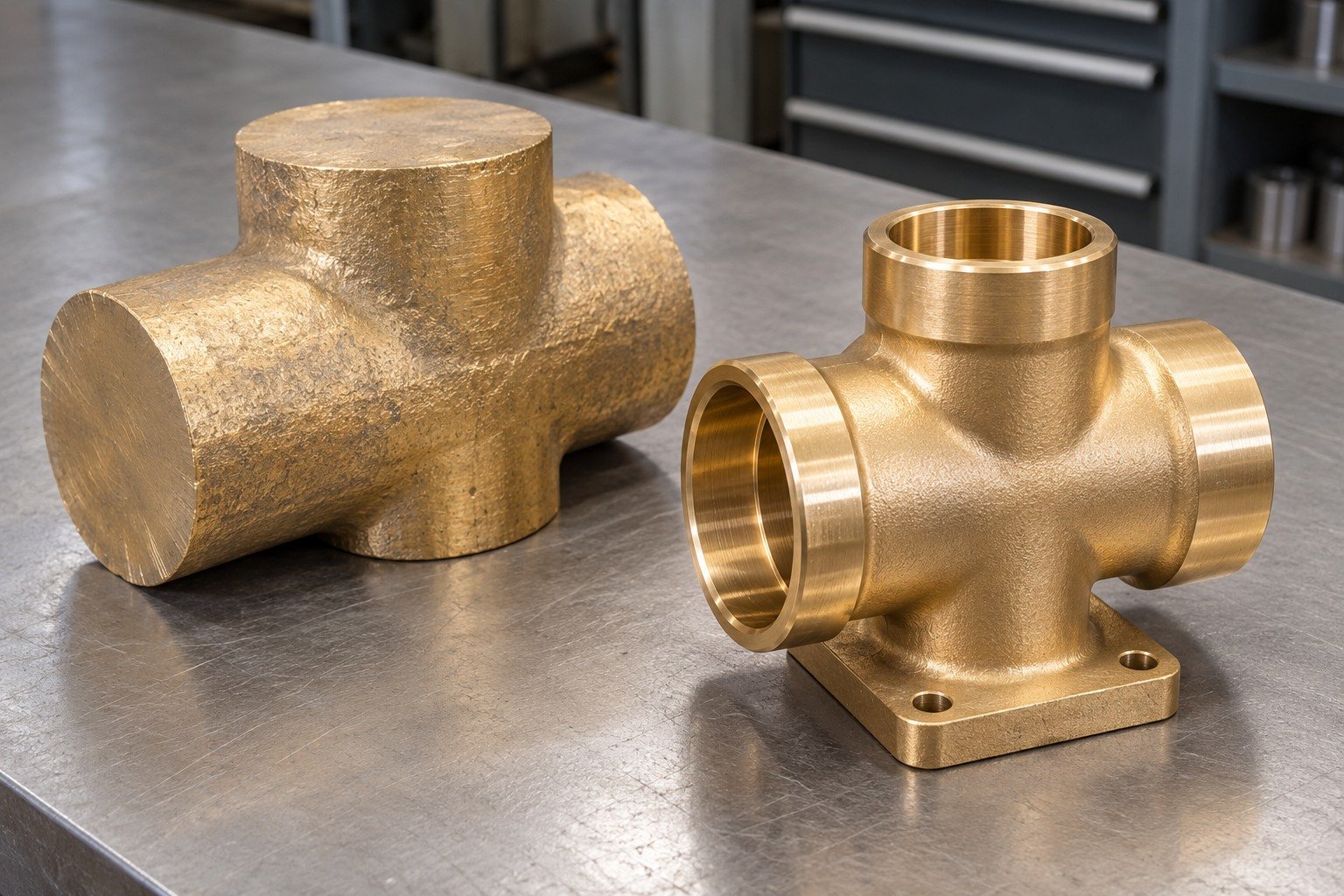 Silicon-brass forged tee body and separate stock blank — illustrative generated component concept