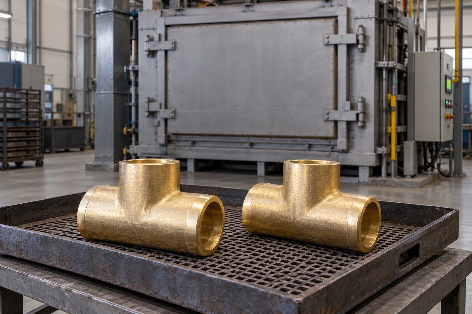 Forged-style brass blanks beside closed processing equipment — illustrative generated component concept