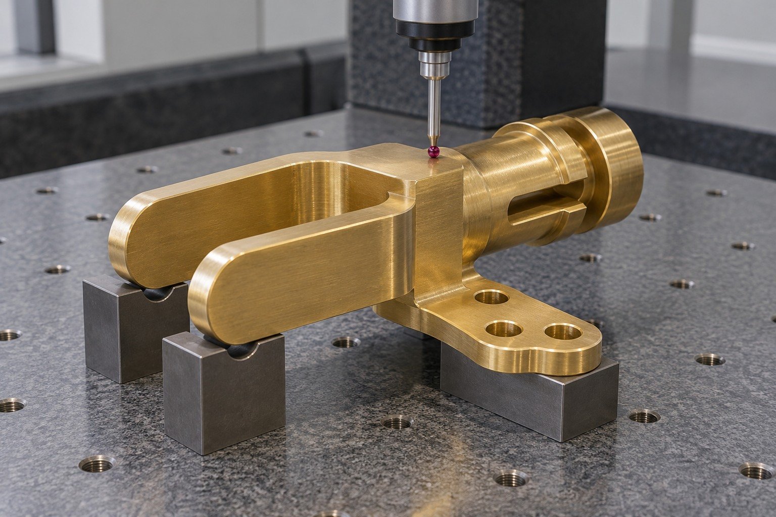 Datum inspection of a silicon-brass forked electrical terminal — illustrative generated component concept