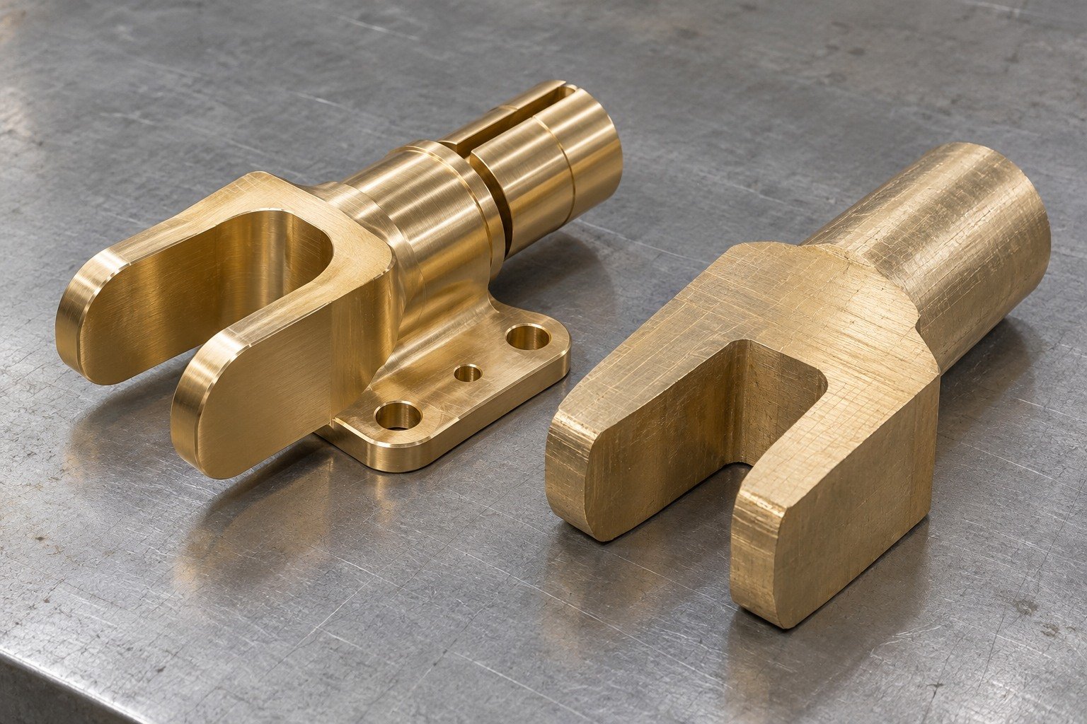 Silicon-brass forked electrical terminal and separate stock blank — illustrative generated component concept