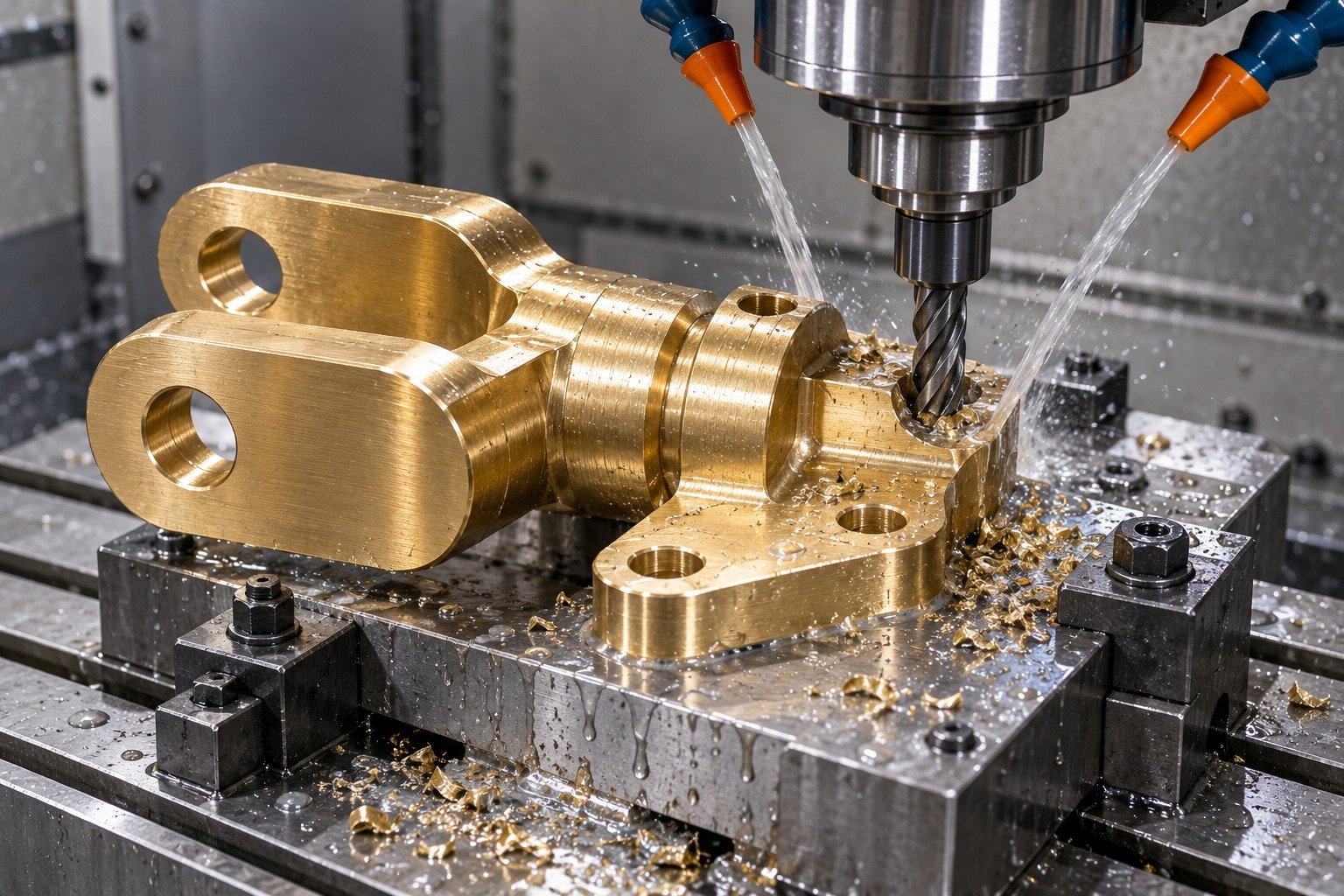 Supported wet machining of a silicon-brass forked electrical terminal — illustrative generated component concept
