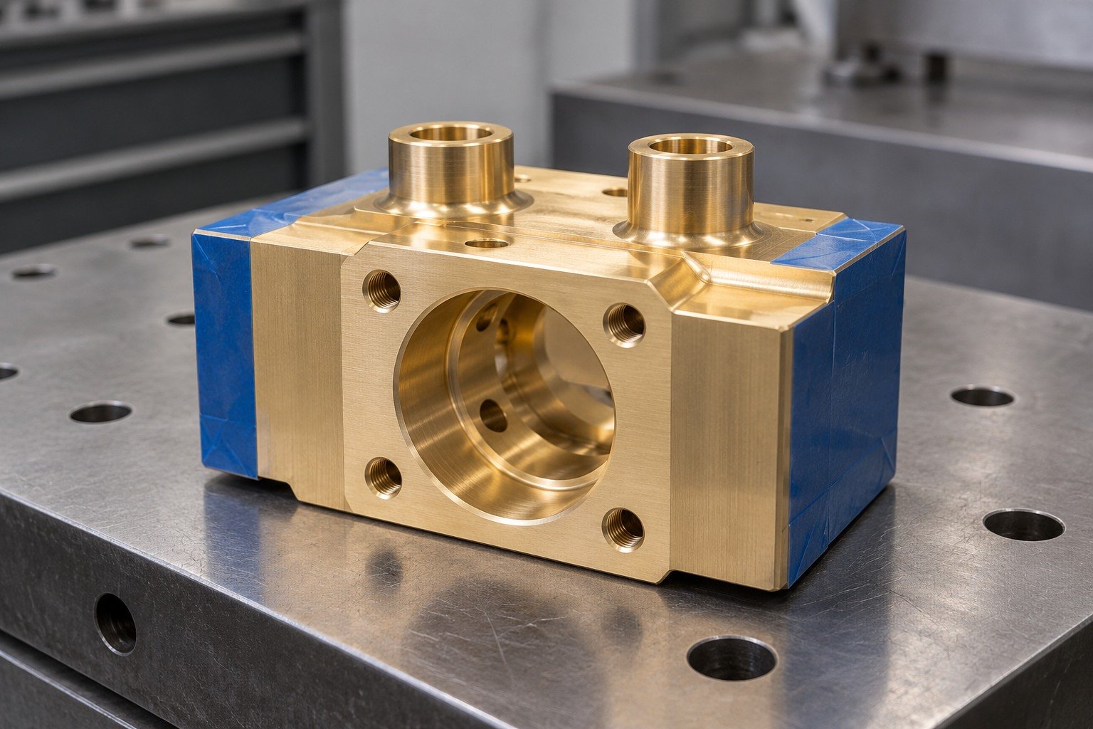 Selected masking on a brass ported mounting block — illustrative generated component concept