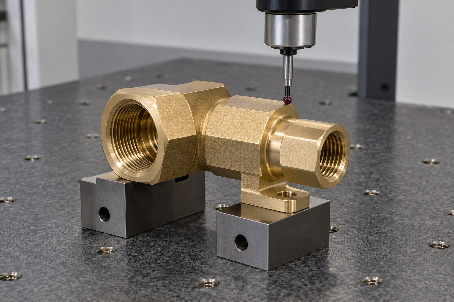 Datum inspection of a silicon-brass octagonal reducer adapter — illustrative generated component concept