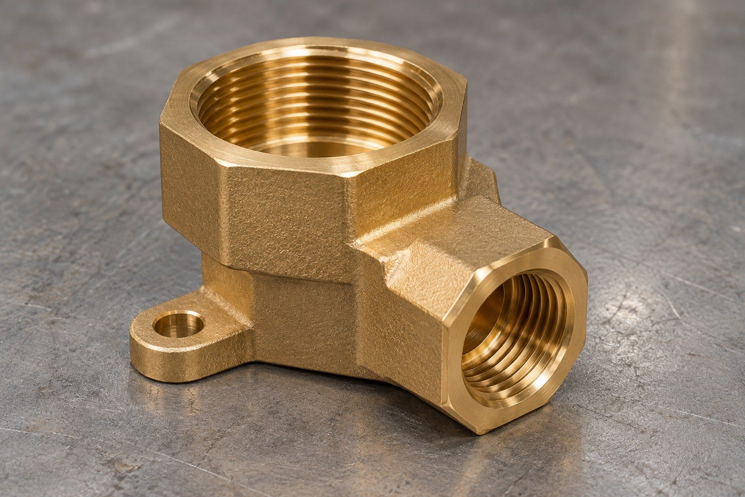 Warm golden silicon-brass octagonal stepped reducing adapter with unequal female ports, a short offset mounting lug and an exposed annular sealing shoulder — illustrative generated component concept