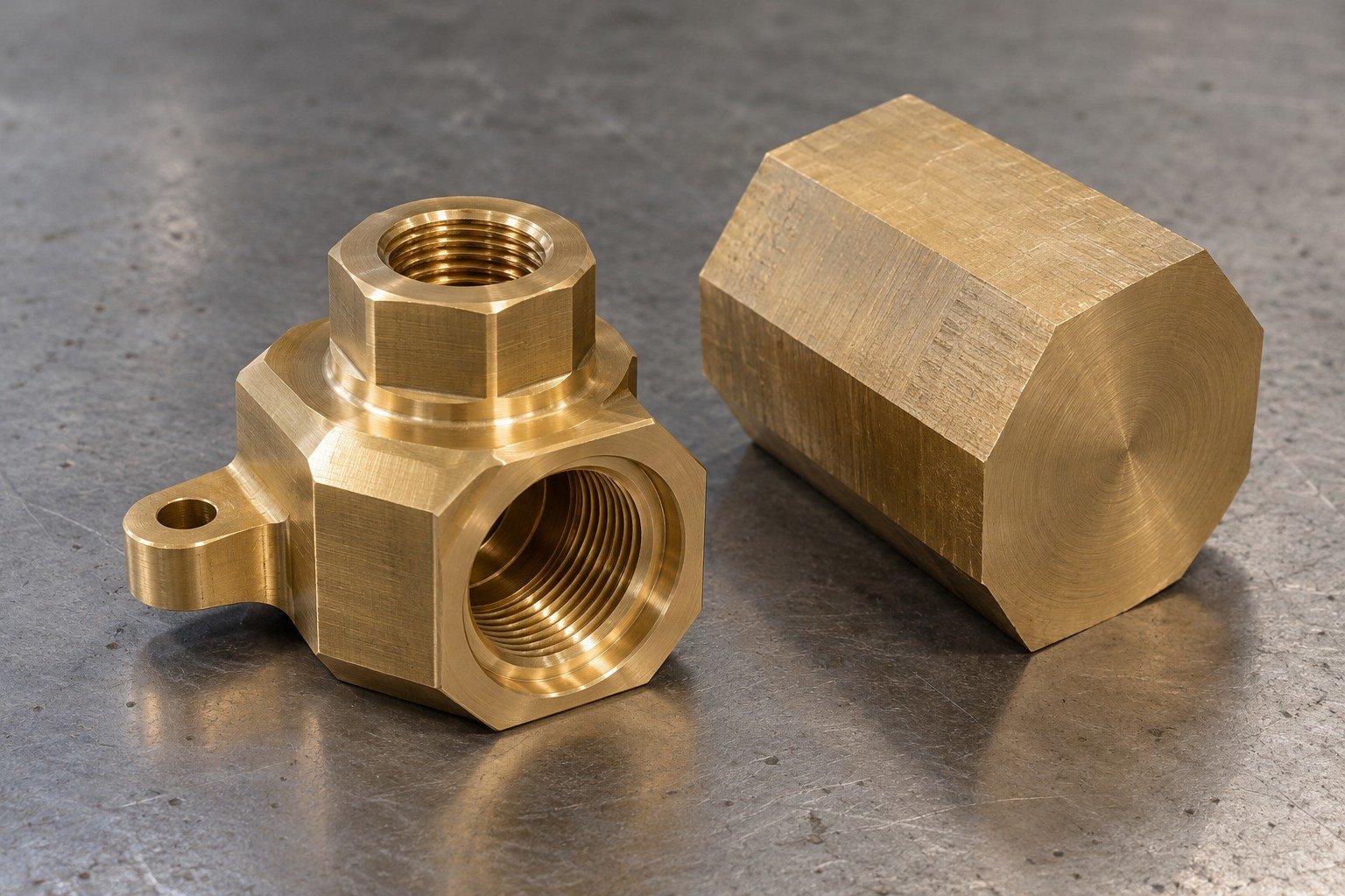 Silicon-brass octagonal reducer adapter and separate stock blank — illustrative generated component concept