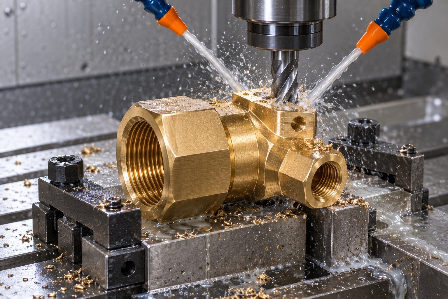 Supported wet machining of a silicon-brass octagonal reducer adapter — illustrative generated component concept