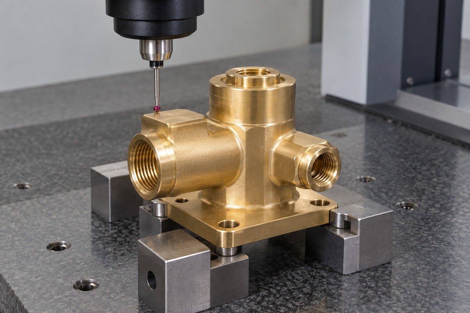 Datum inspection of a silicon-brass multiport valve manifold — illustrative generated component concept