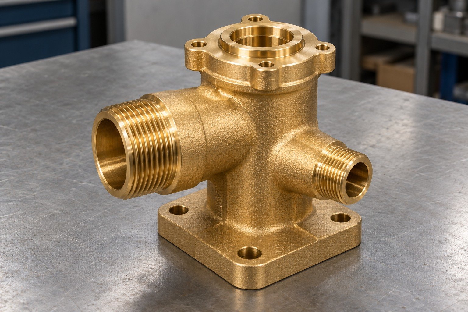 Silicon-brass multiport valve manifold with raised annular seat and mounting base — illustrative generated component concept
