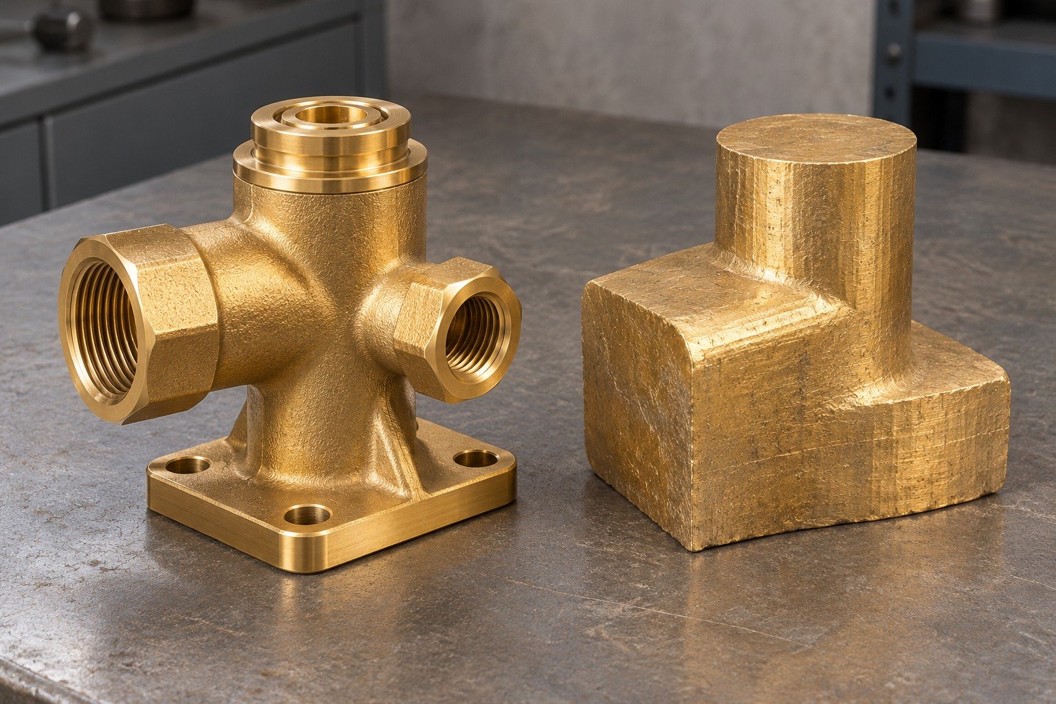 Silicon-brass multiport valve manifold and separate stock blank — illustrative generated component concept
