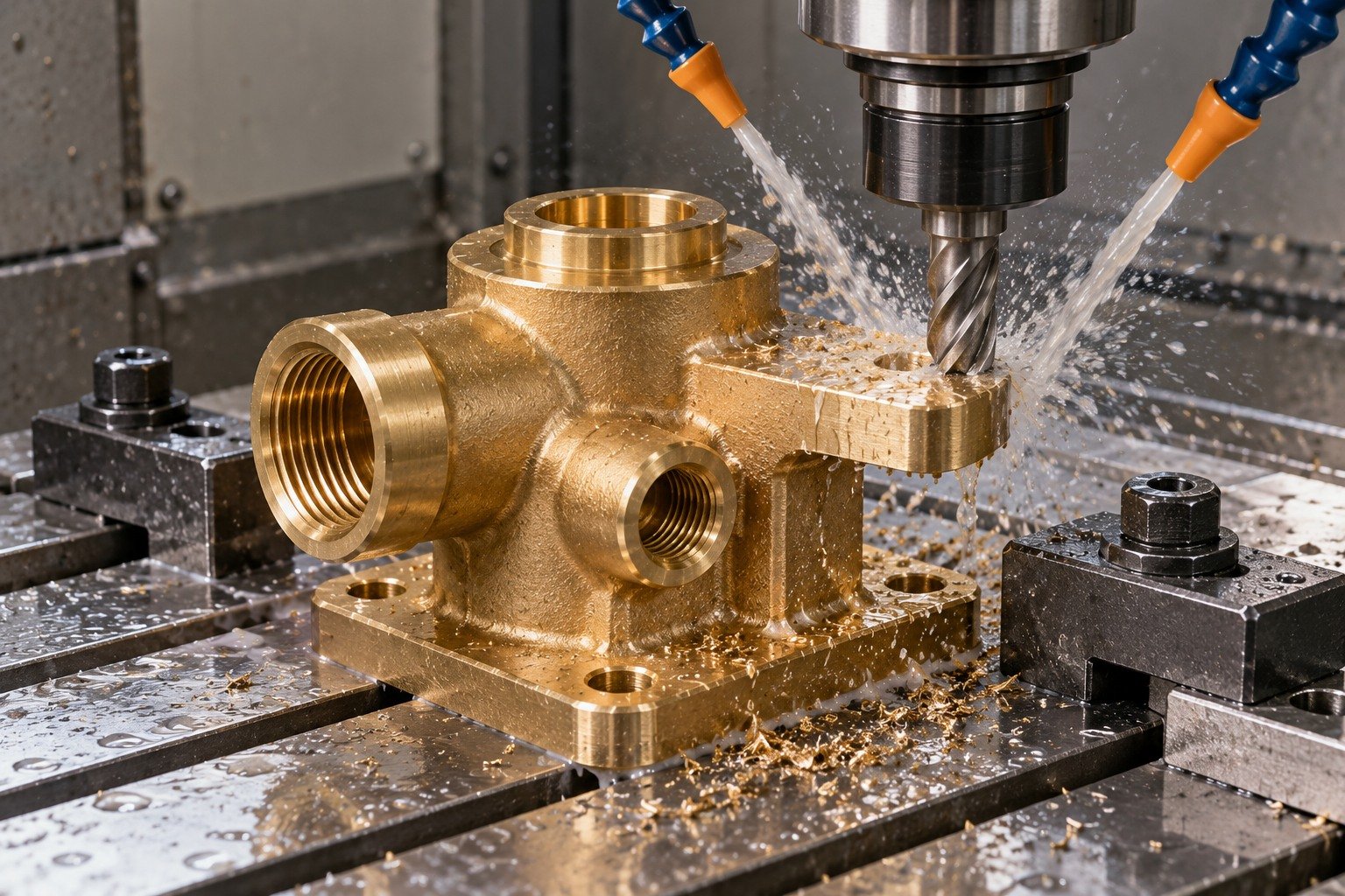 Supported wet machining of a silicon-brass multiport valve manifold — illustrative generated component concept