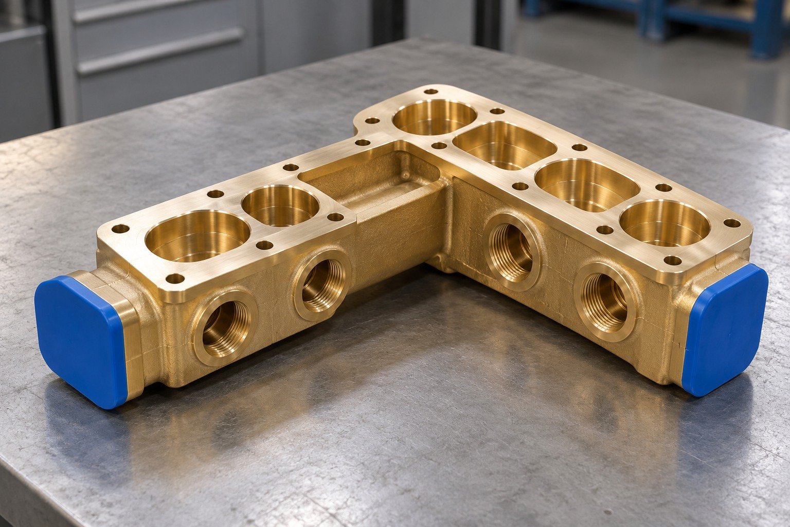 Brass manifold sealing land and protected handling faces — illustrative generated component concept