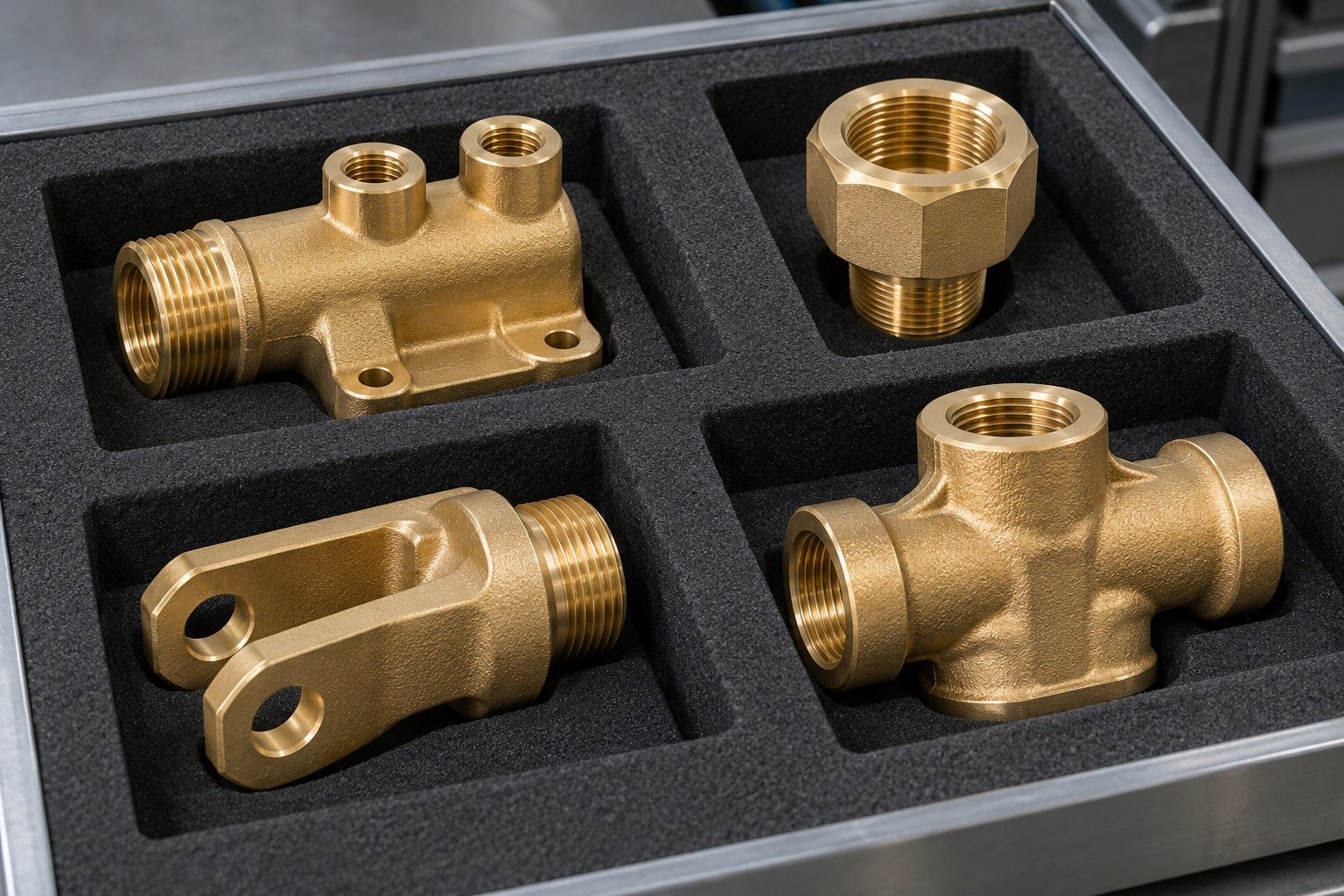 Distinct silicon-brass component concepts in separate protective pockets — illustrative generated component concept