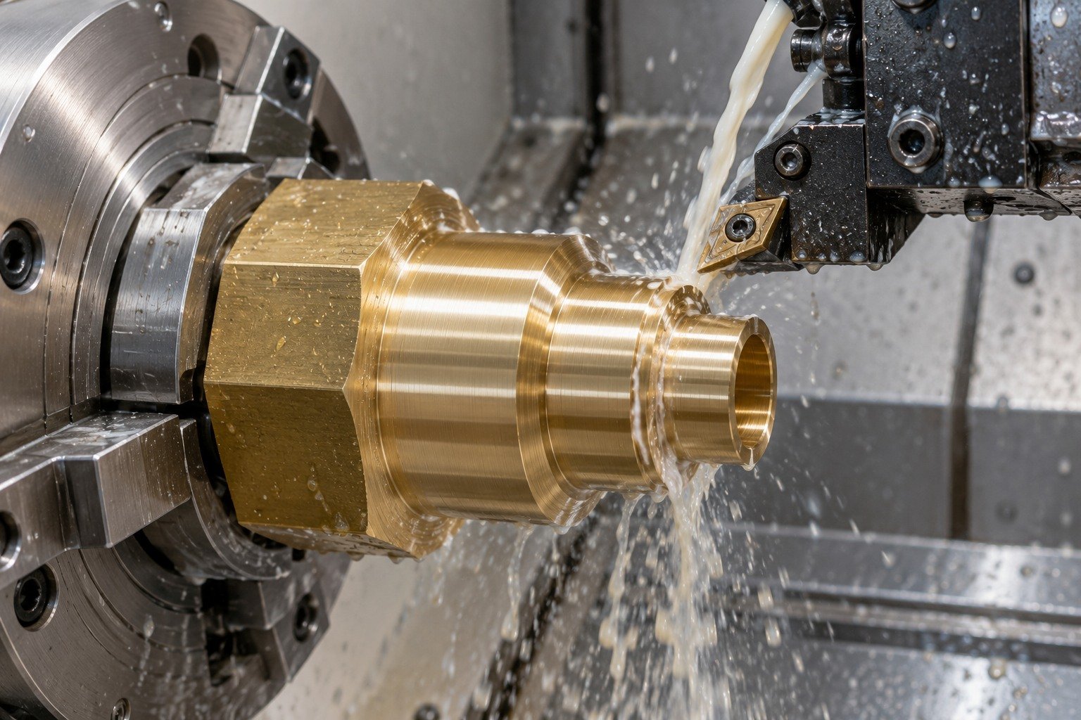 Wet turning of a supported brass reducer shoulder — illustrative generated component concept