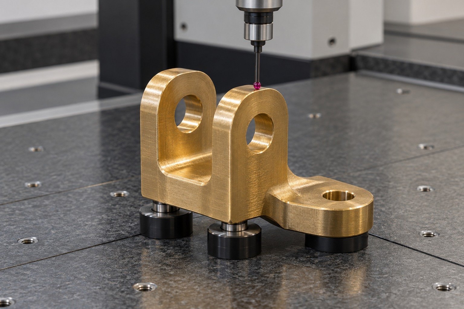 Final dimensional check of a brass terminal mounting datum — illustrative generated component concept