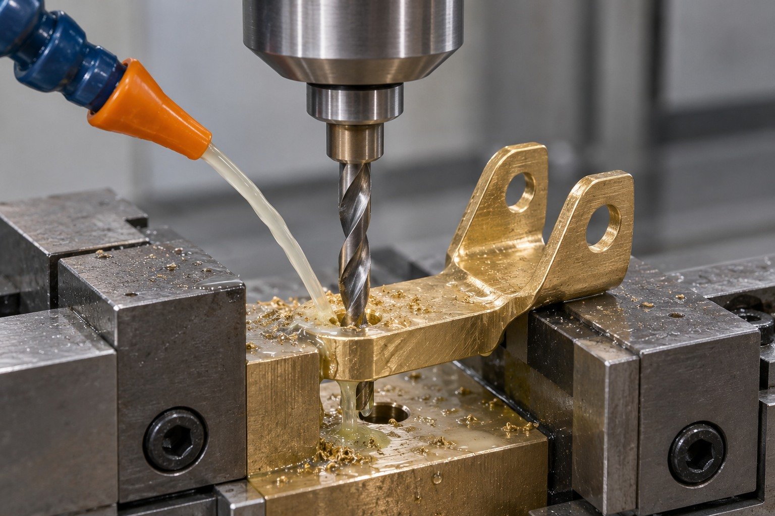 Two-flute drilling of a supported brass terminal foot — illustrative generated component concept