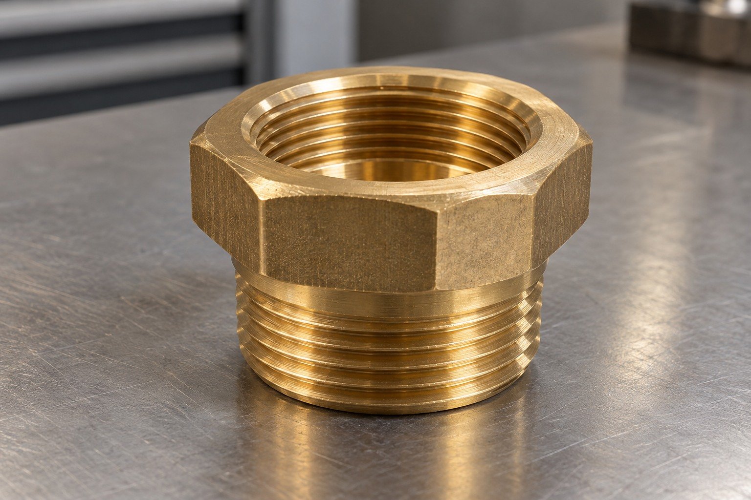 Thread entrance and sealing-shoulder edges in brass — illustrative generated component concept