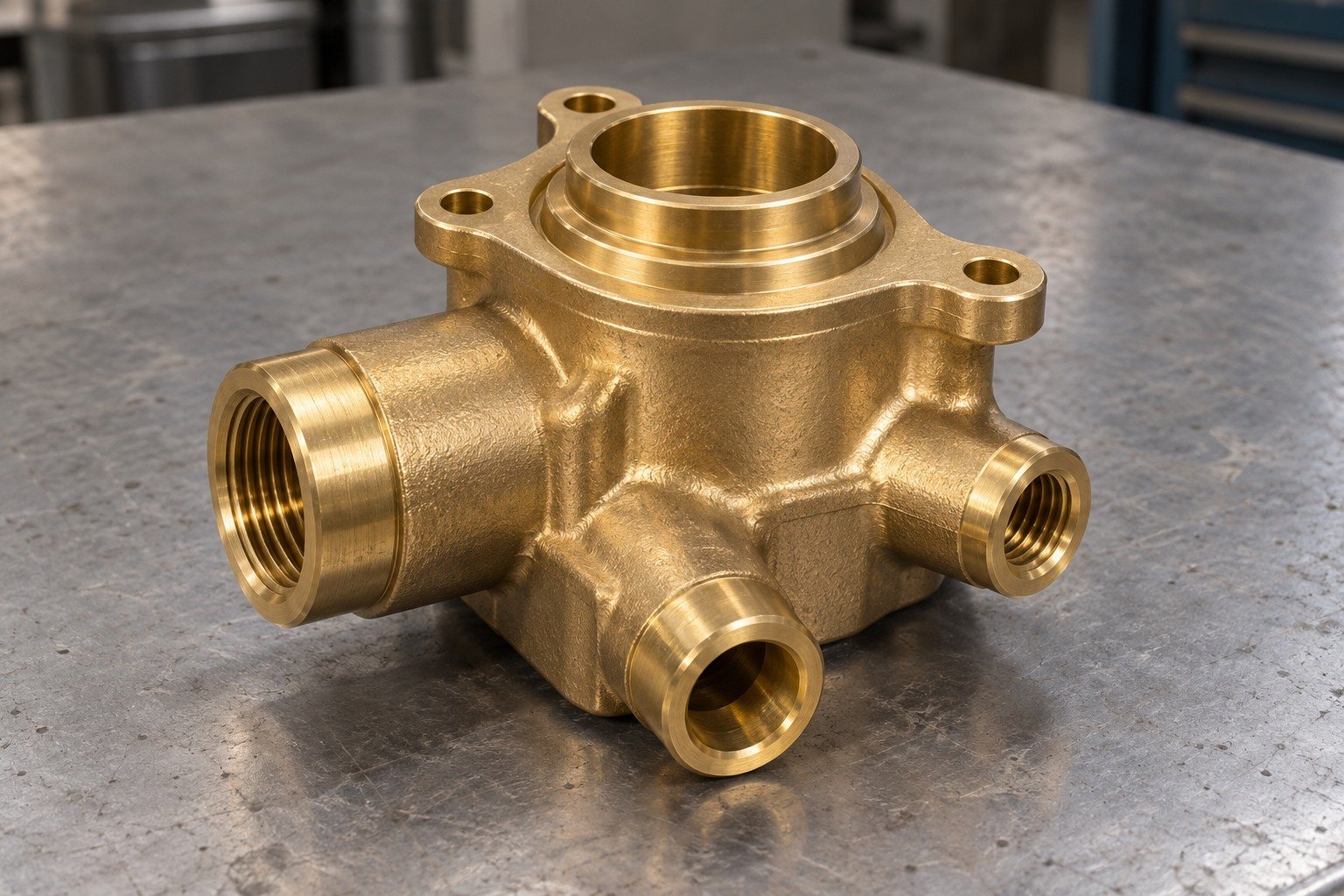 Illustrative silicon-brass multiport valve housing with raised annular seat