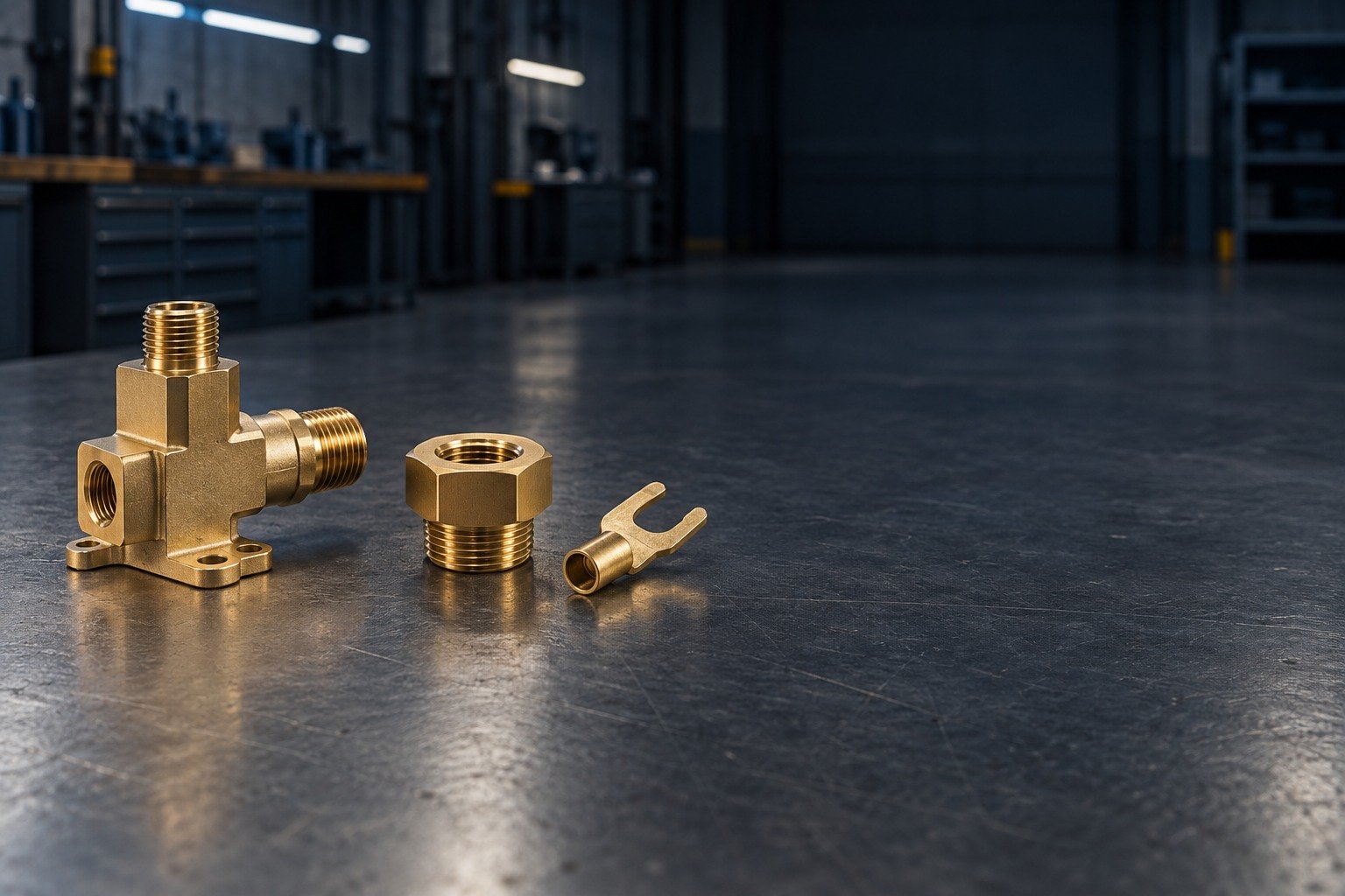 Silicon-brass valve, reducer and electrical-terminal concepts — illustrative generated component concept