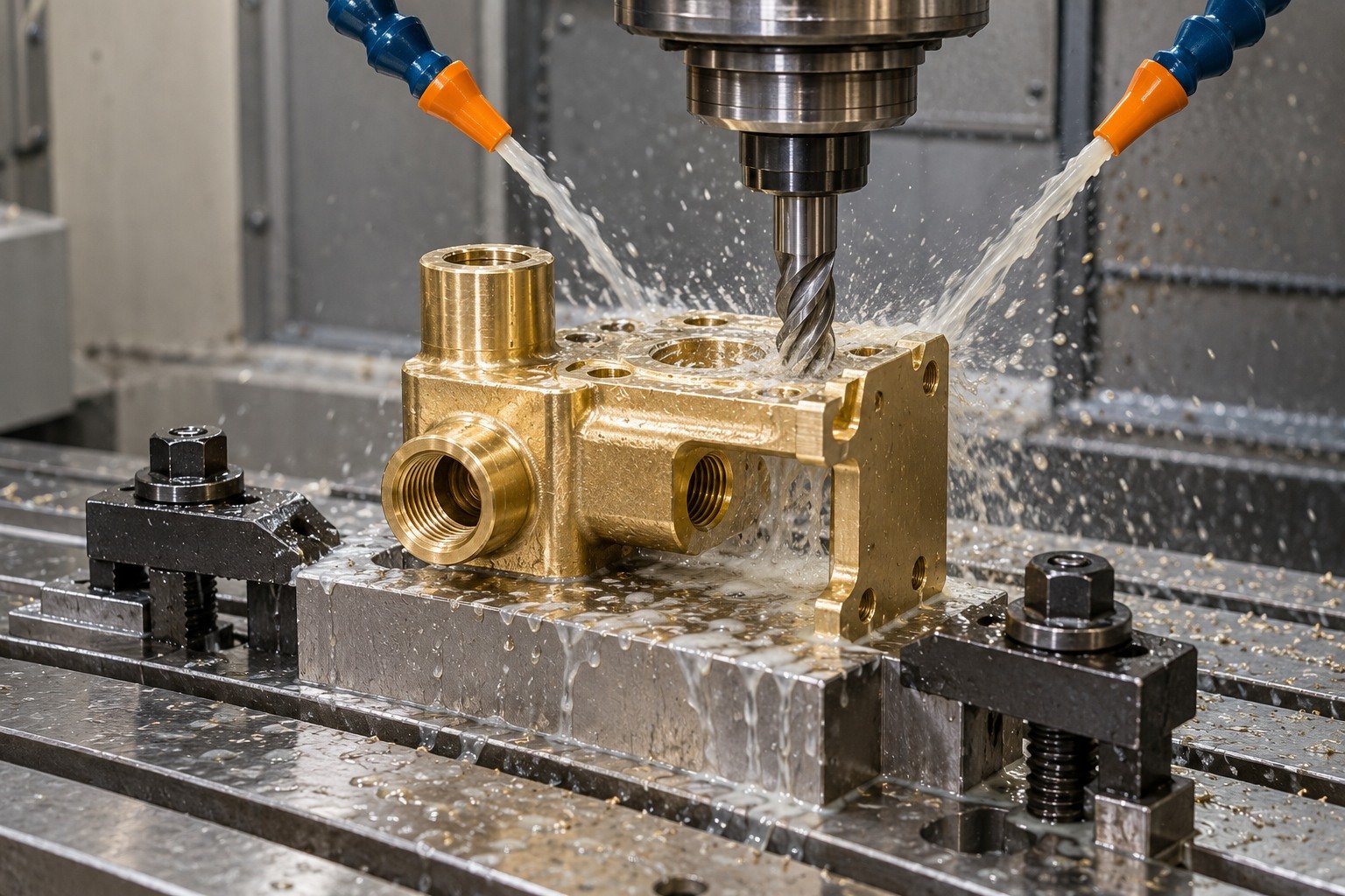 Supported wet milling of a brass valve mounting pad — illustrative generated component concept