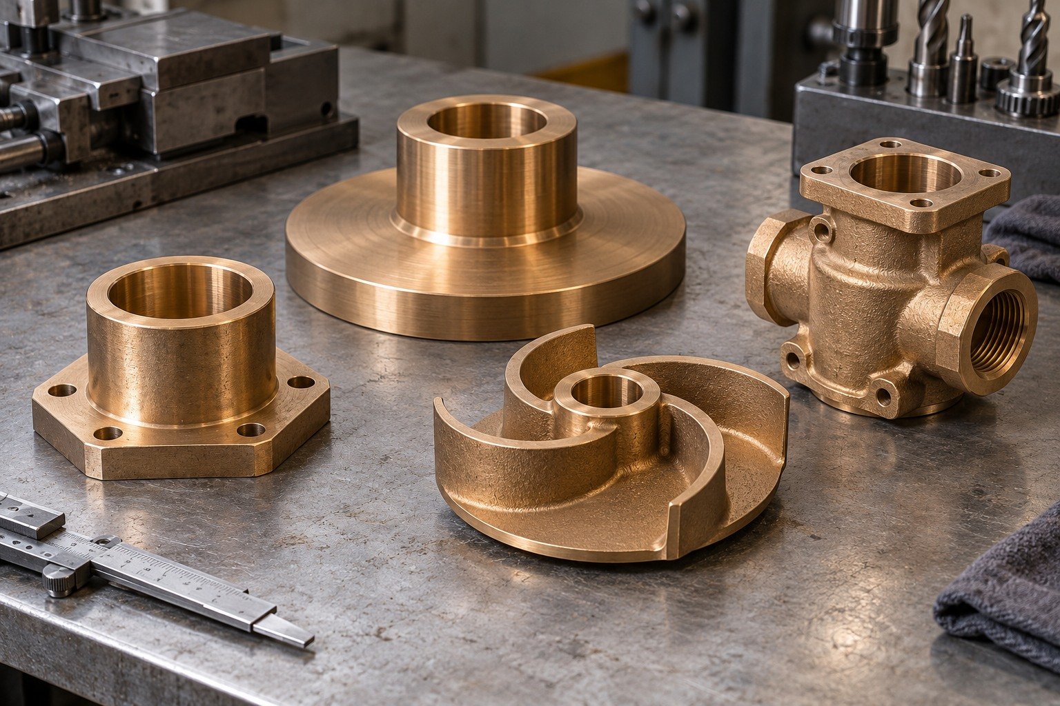 Tin-bronze bushing, gear blank, pump impeller and valve-body concepts — illustrative generated component concept