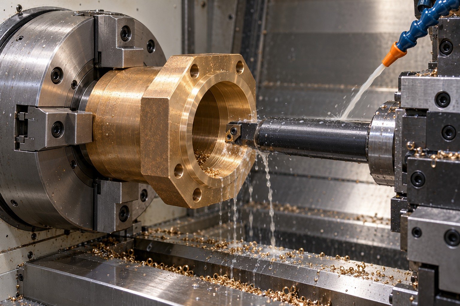Boring a supported tin-bronze bushing — illustrative generated component concept