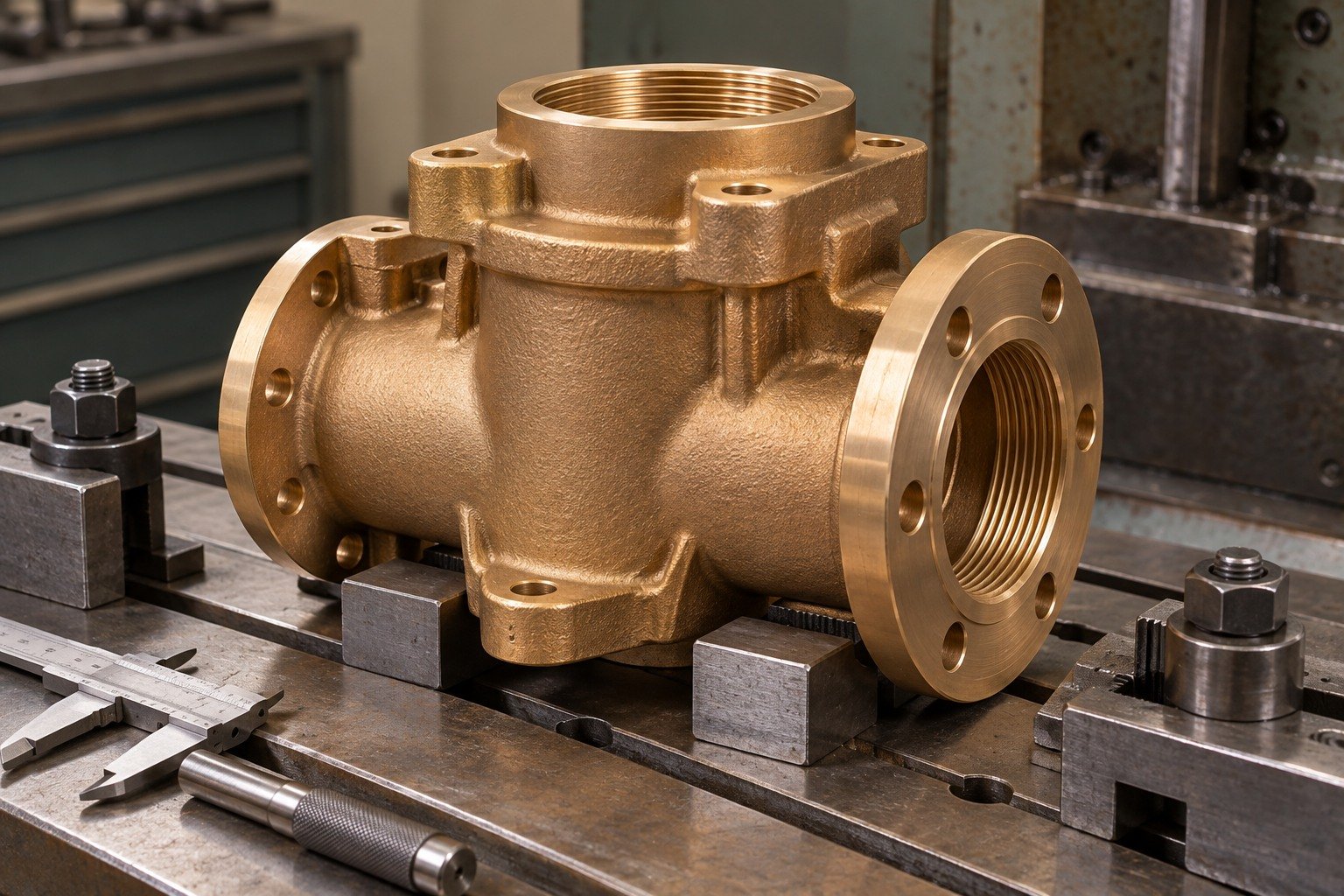 Tin-bronze valve-port entrance surface — illustrative generated component concept