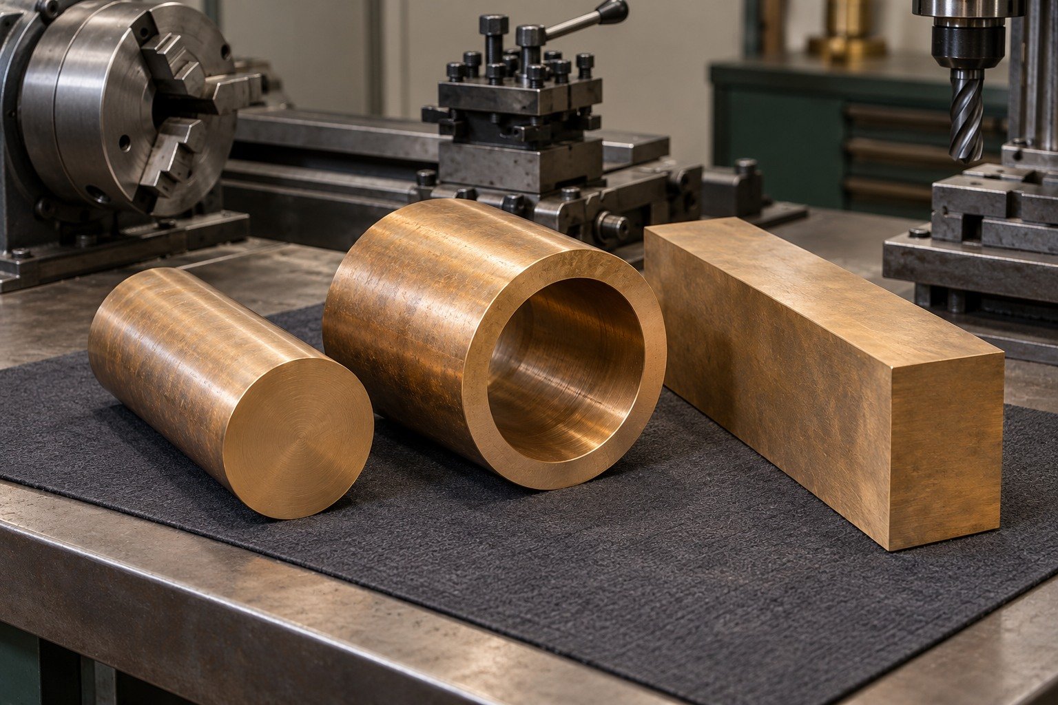Separate tin-bronze solid, tube and rectangular cast stock — illustrative generated component concept