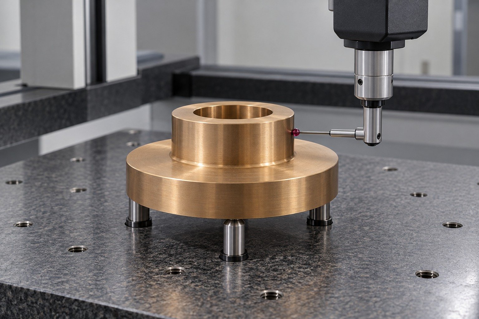 First-sample tin-bronze gear-blank datum inspection — illustrative generated component concept