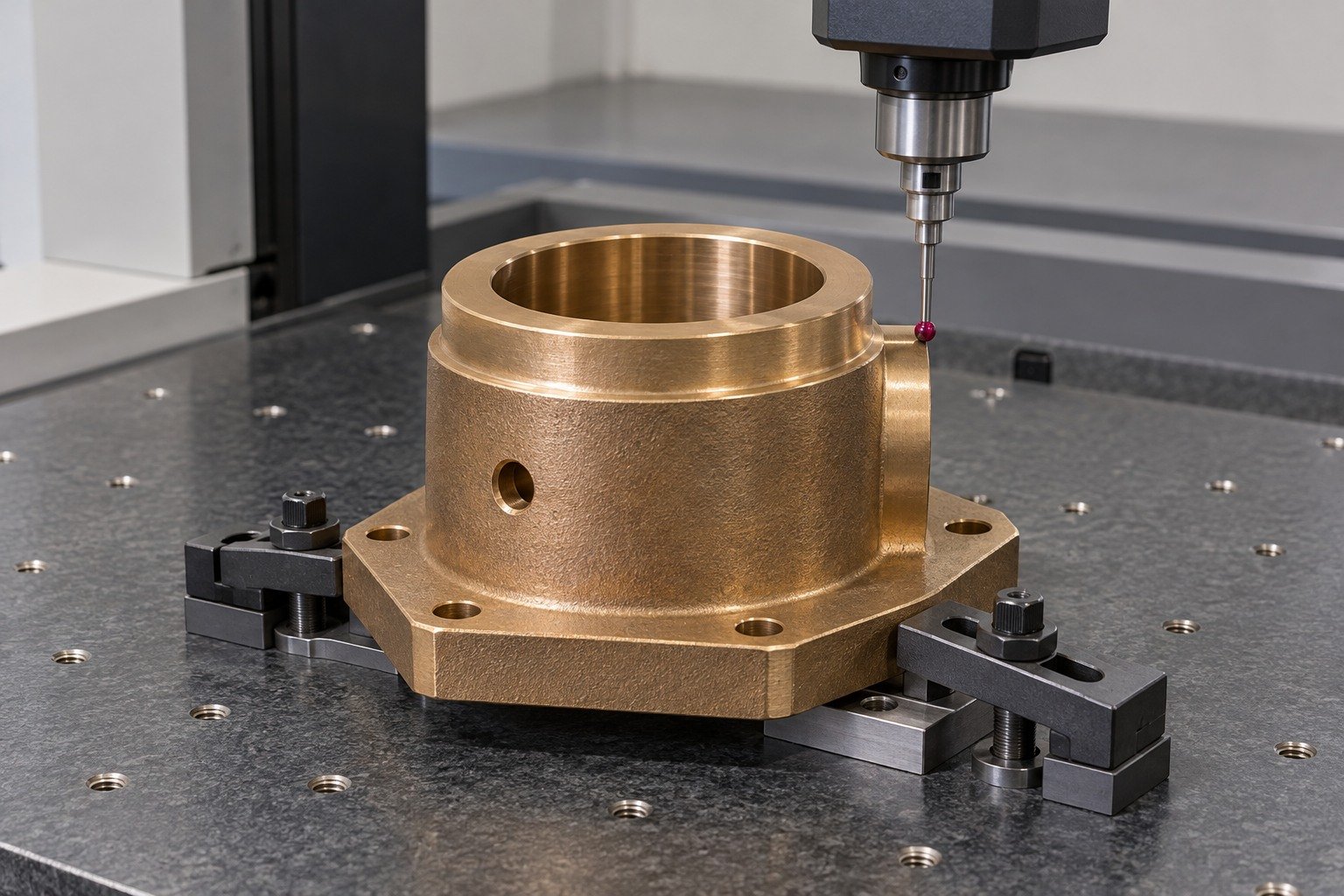Exterior datum inspection of tin-bronze flanged bushing — illustrative generated component concept