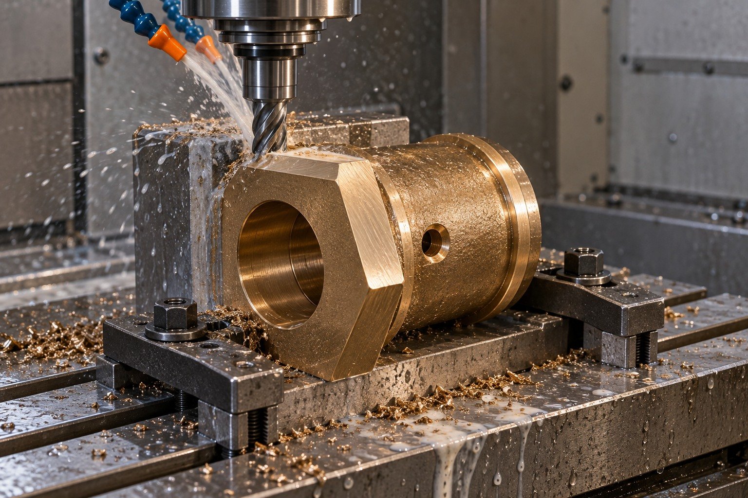 Supported machining of tin-bronze flanged bushing — illustrative generated component concept