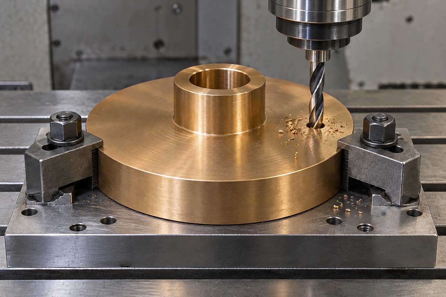 Drilling a supported tin-bronze gear blank — illustrative generated component concept