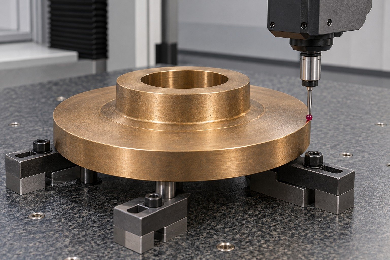 Exterior datum inspection of tin-bronze gear blank — illustrative generated component concept