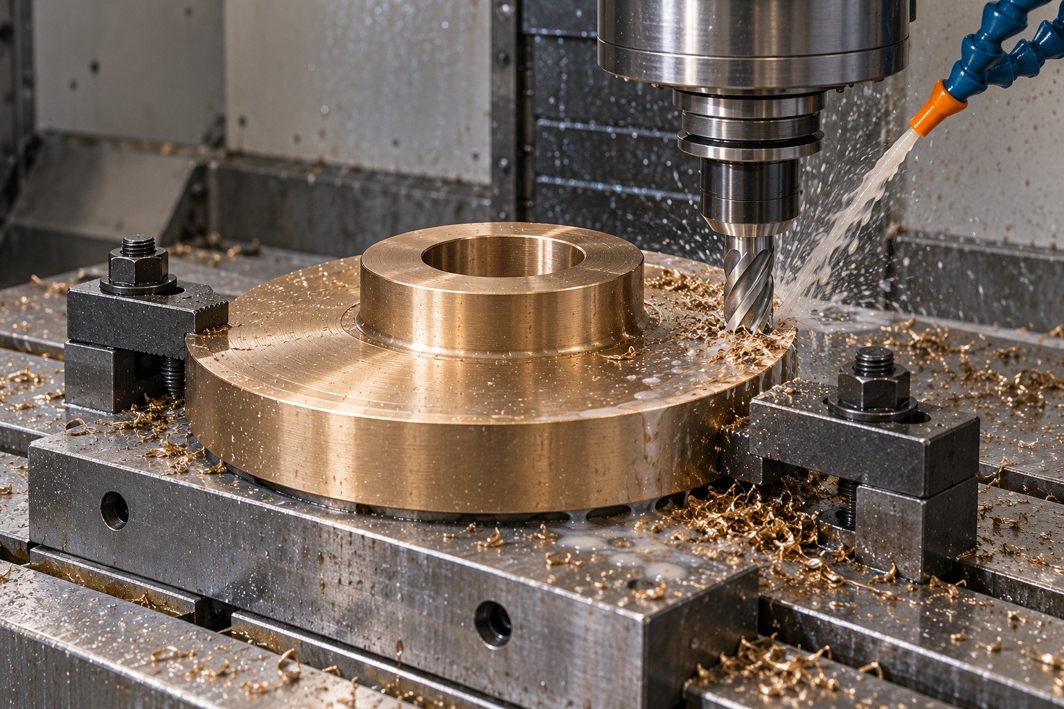 Supported machining of tin-bronze gear blank — illustrative generated component concept
