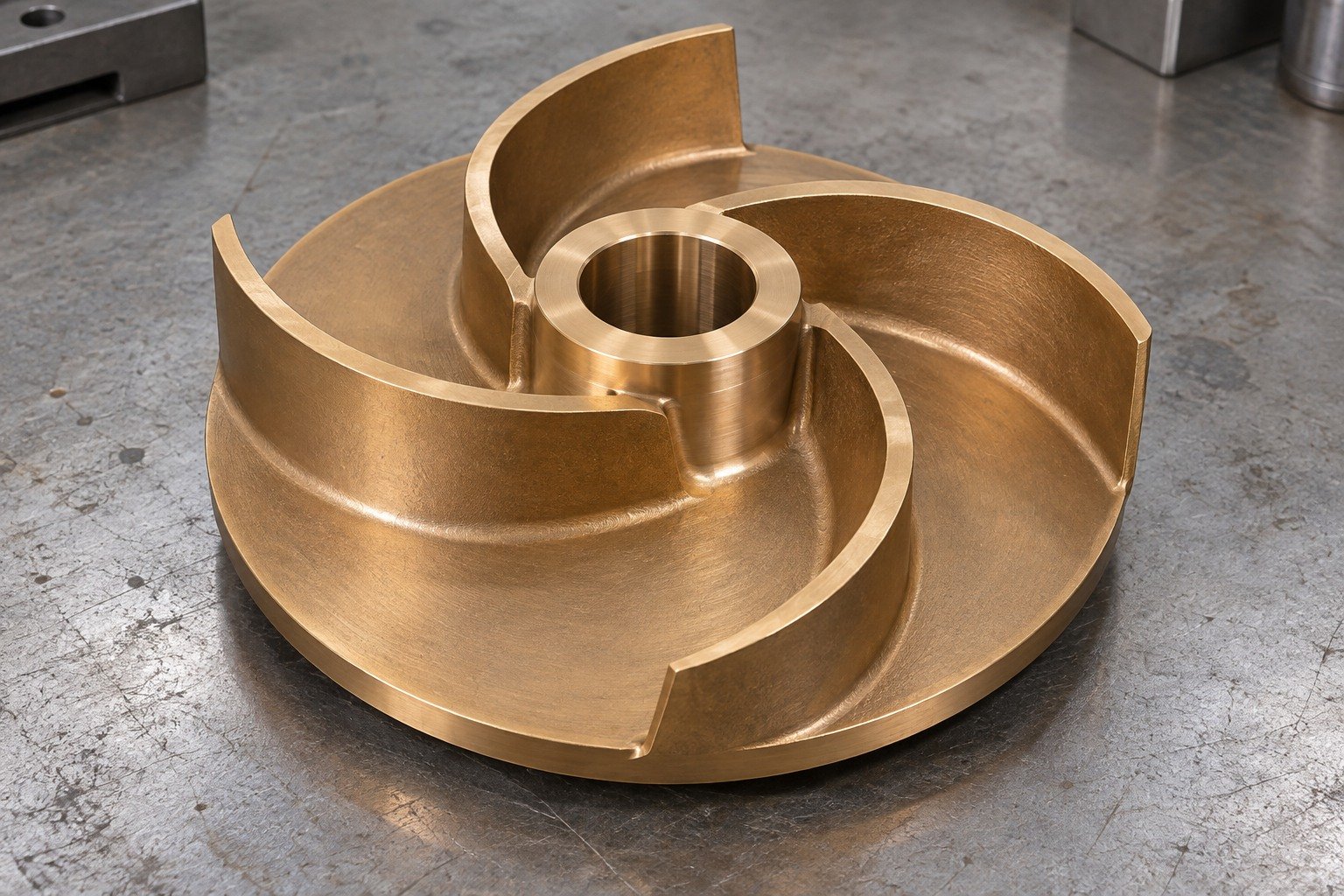 Machined hub and locating land of tin-bronze impeller concept — illustrative generated component concept
