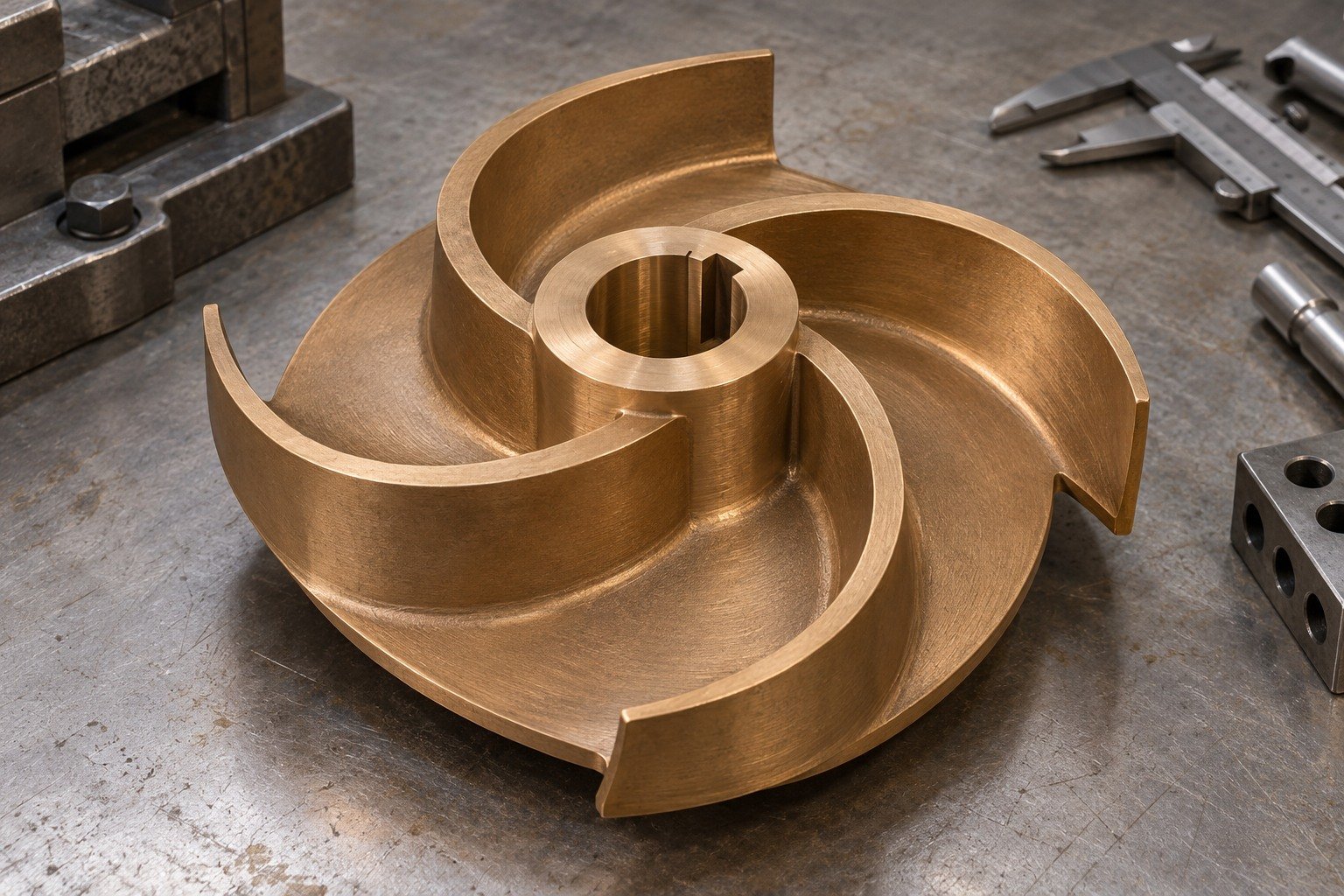 Tin-bronze impeller vane roots and accepted-edge concept — illustrative generated component concept