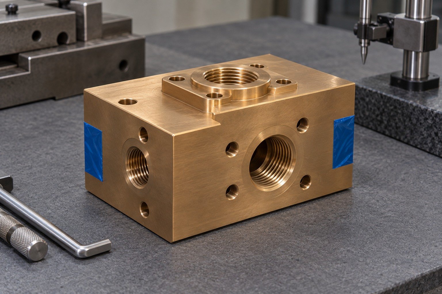 Protected handling flats on tin-bronze valve-body concept — illustrative generated component concept