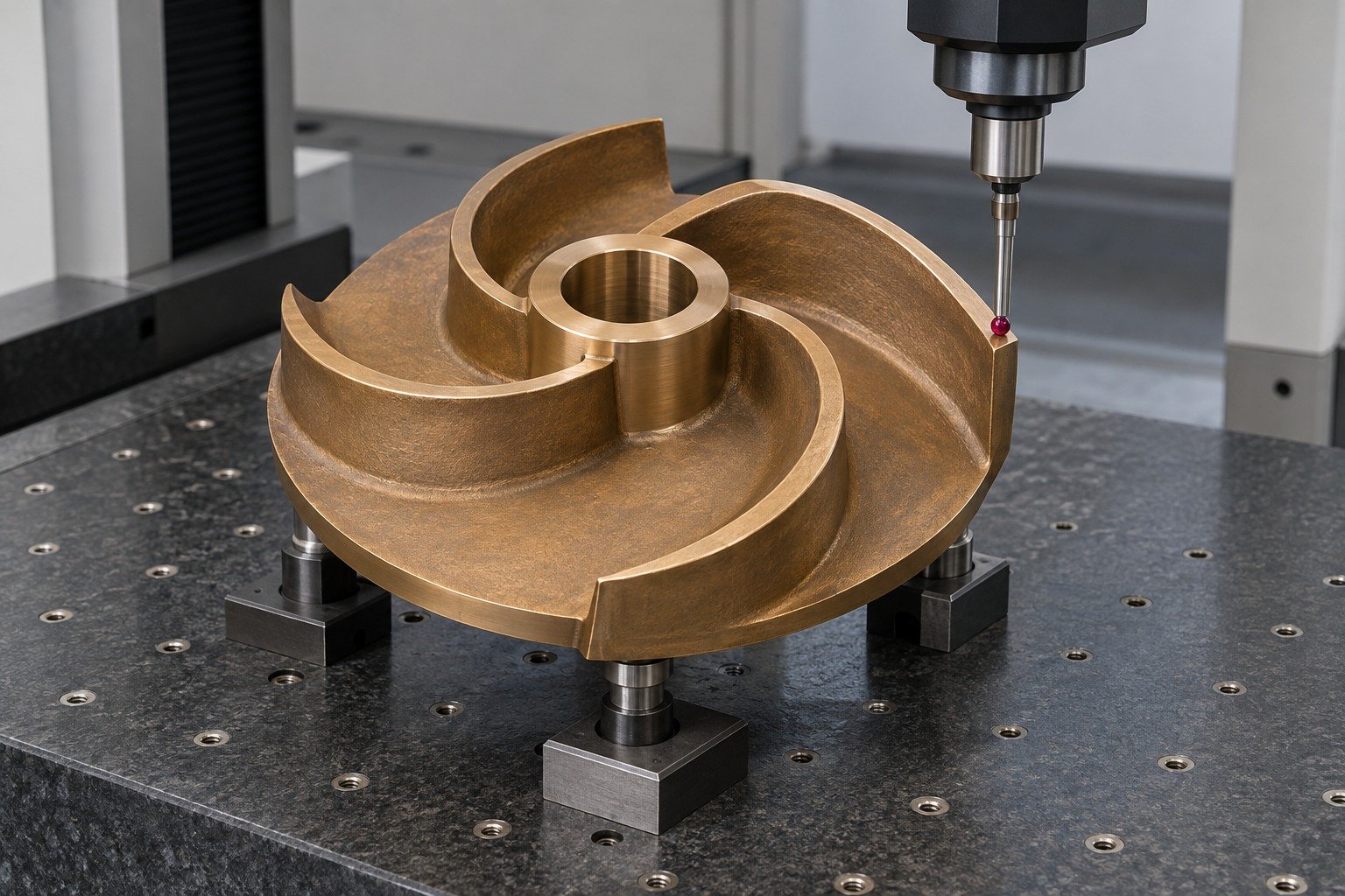 Exterior datum inspection of tin-bronze open pump impeller — illustrative generated component concept