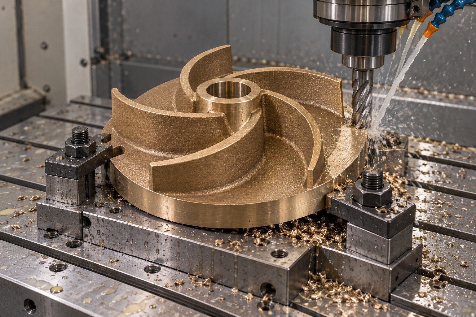 Supported machining of tin-bronze open pump impeller — illustrative generated component concept
